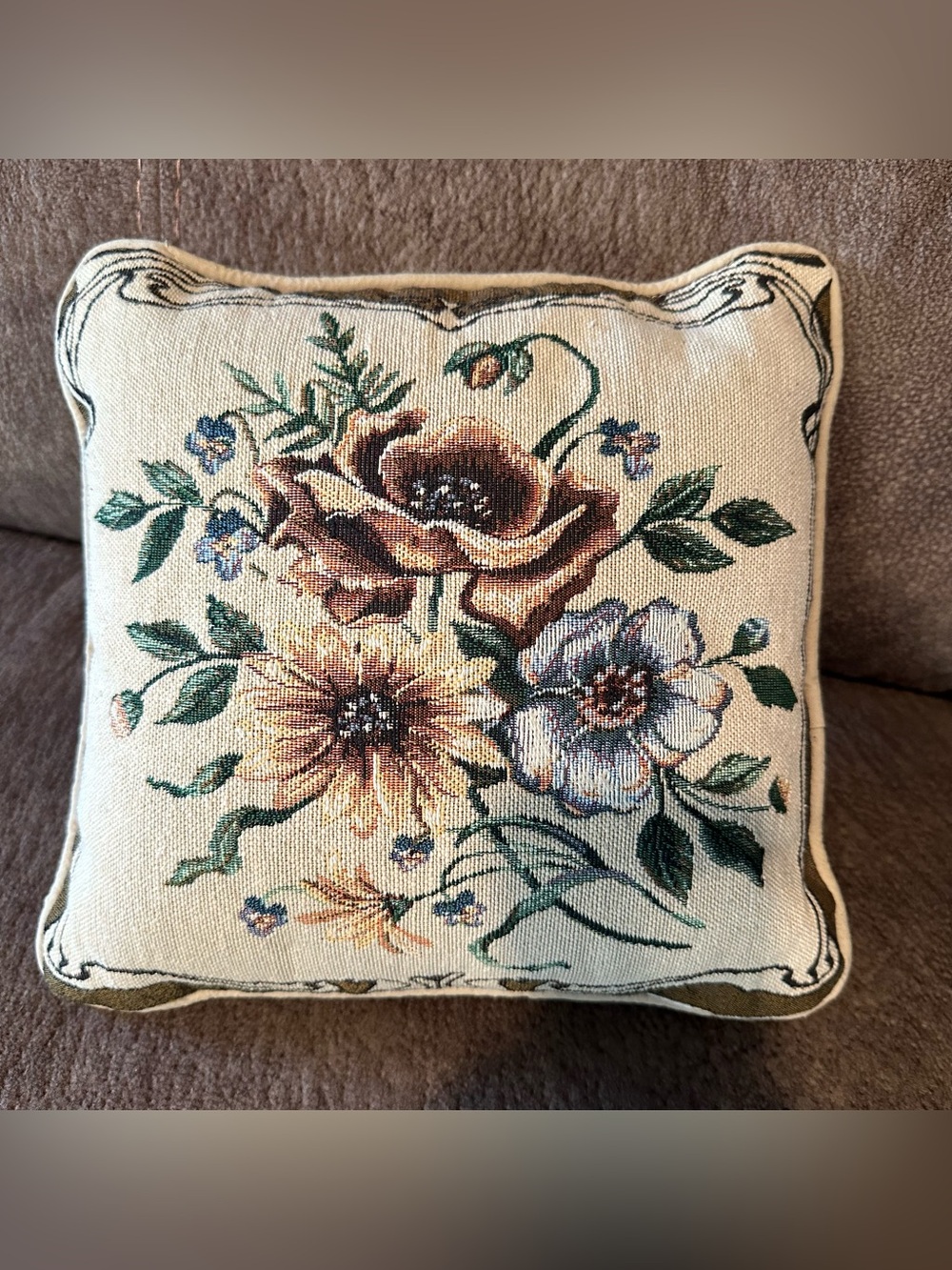 Vintage Needlepoint Throw Pillow Floral Tapestry